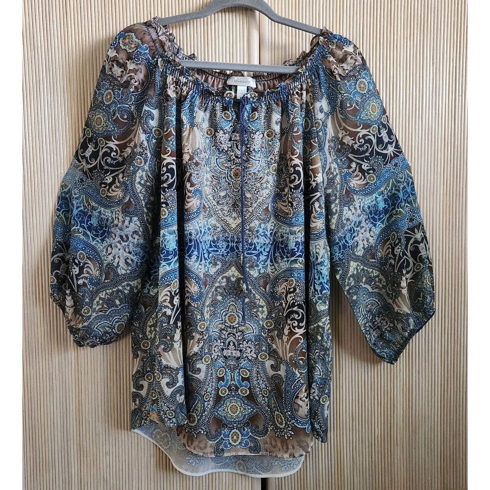 Dress Barn Women's Blouse Size 2X Flattering Boho Peasant Bling 3/4 Sleeve EUC